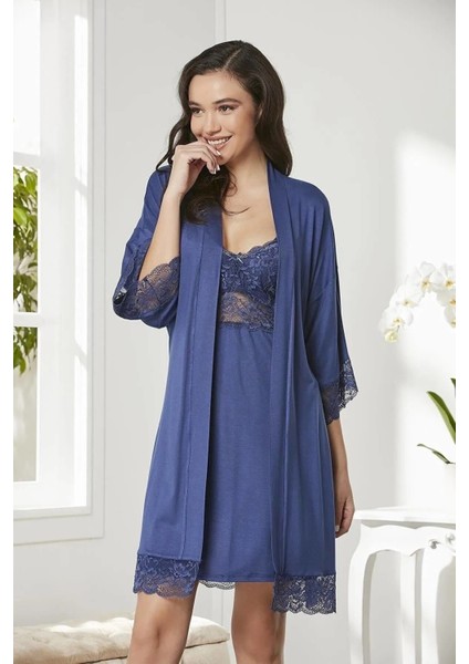 Penye Dantelli Gecelik Sabahlık Takım 4020 Lacivert fırsatları