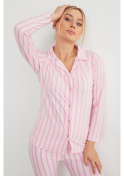 Pembe Çizgili Süet Pijama Takımı
