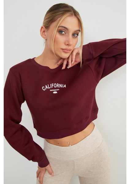 3 Iplik California Yazı Baskılı Crop Sweatshirt