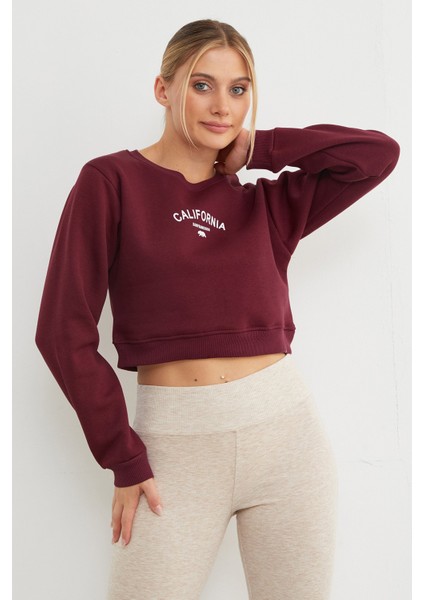 3 Iplik California Yazı Baskılı Crop Sweatshirt modelleri