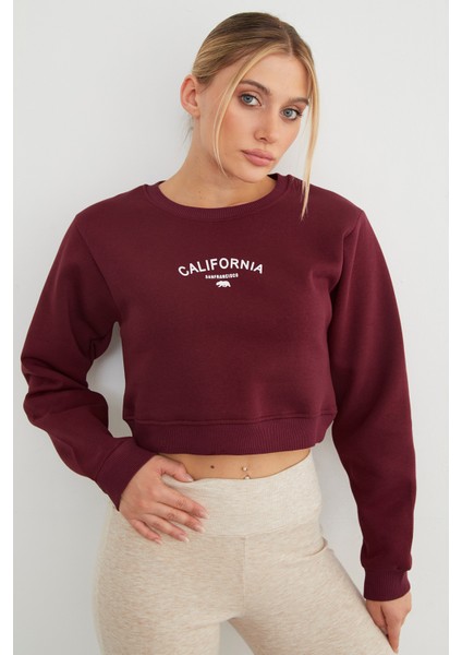 3 Iplik California Yazı Baskılı Crop Sweatshirt