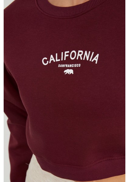 3 Iplik California Yazı Baskılı Crop Sweatshirt