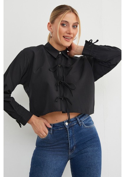Önü Bağlamalı Düğmeli Crop Gömlek