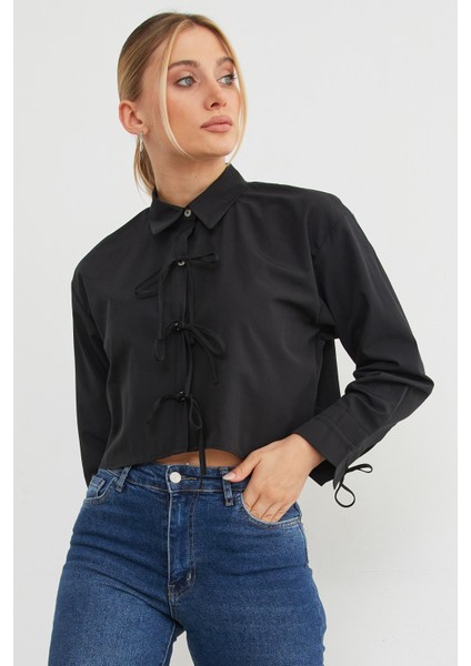 Önü Bağlamalı Düğmeli Crop Gömlek