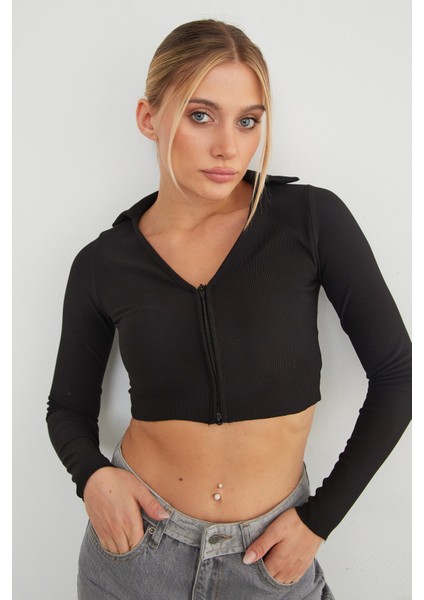 Polo Yaka Fermuarlı Crop Body