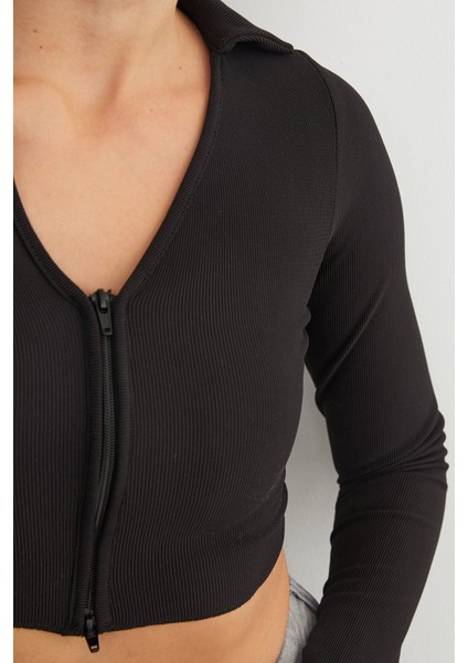 Polo Yaka Fermuarlı Crop Body