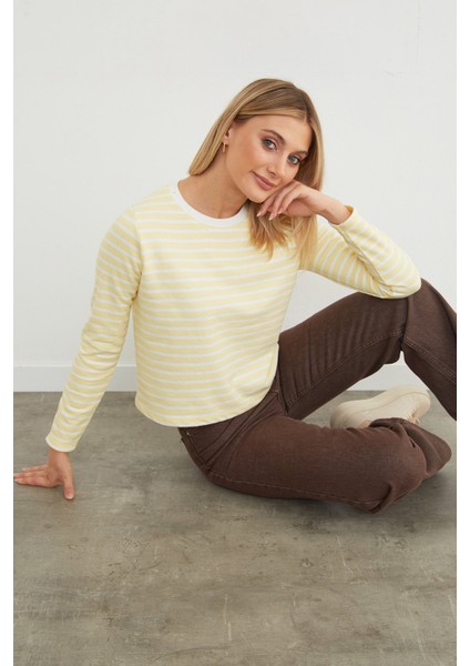 3 Iplik Şardonsuz Çizgili Bisiklet Yaka Sweatshirt