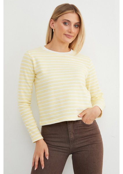 3 Iplik Şardonsuz Çizgili Bisiklet Yaka Sweatshirt modelleri