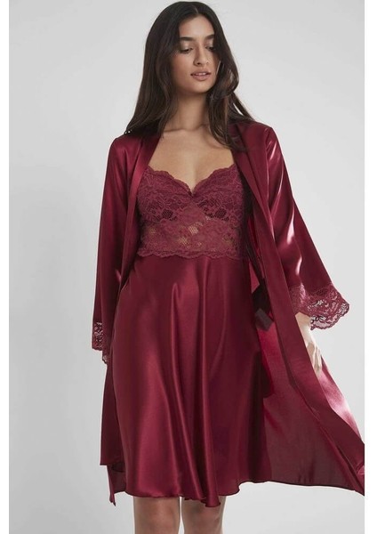 Bordo Sütyen Kaplı Sabahlık Gecelik Set 4265