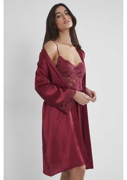 Bordo Sütyen Kaplı Sabahlık Gecelik Set 4265 modelleri