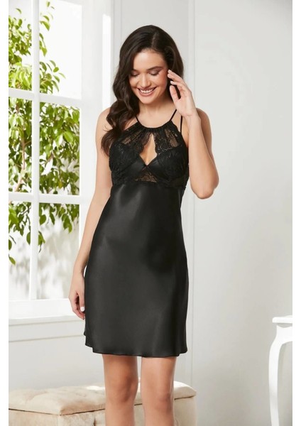 Saten Dantelli Gecelik ve Sabahlık Takımı 4375 Siyah fırsatları