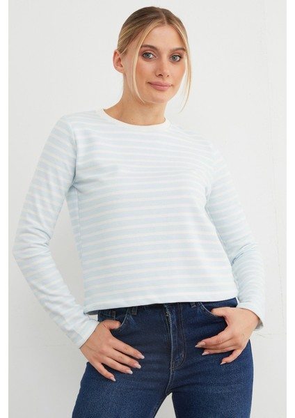 3 Iplik Şardonsuz Çizgili Bisiklet Yaka Sweatshirt