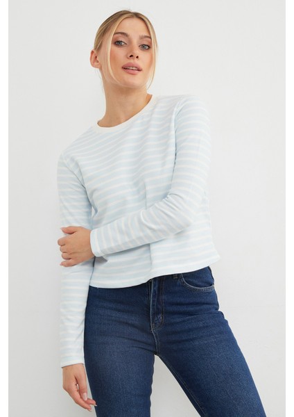 3 Iplik Şardonsuz Çizgili Bisiklet Yaka Sweatshirt fırsatları