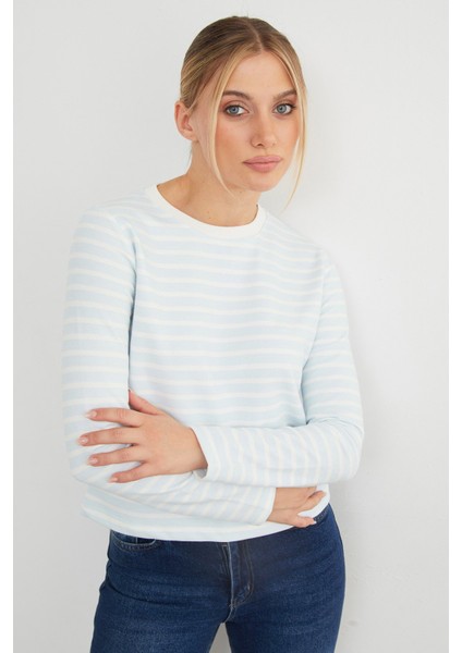 3 Iplik Şardonsuz Çizgili Bisiklet Yaka Sweatshirt