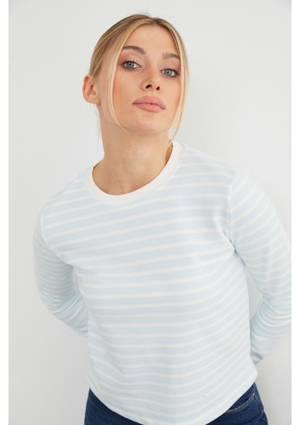 3 Iplik Şardonsuz Çizgili Bisiklet Yaka Sweatshirt