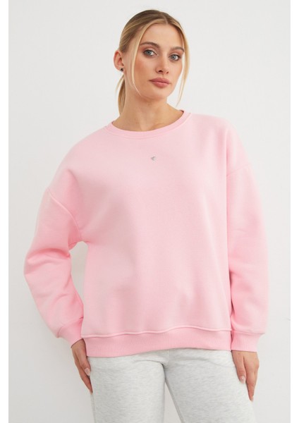 3 Iplik Taşlı Kalp Detaylı Oversize Sweatshirt