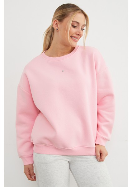 3 Iplik Taşlı Kalp Detaylı Oversize Sweatshirt modelleri