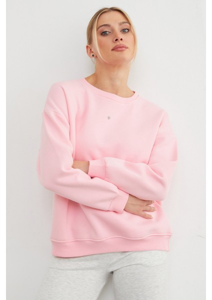 3 Iplik Taşlı Kalp Detaylı Oversize Sweatshirt