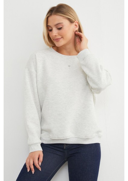 3 Iplik Taşlı Kalp Detaylı Oversize Sweatshirt