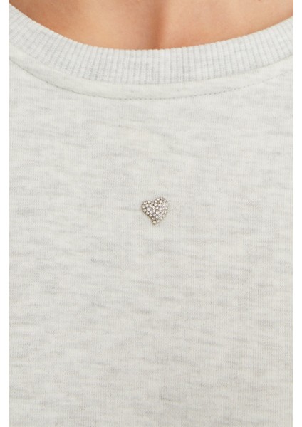 3 Iplik Taşlı Kalp Detaylı Oversize Sweatshirt