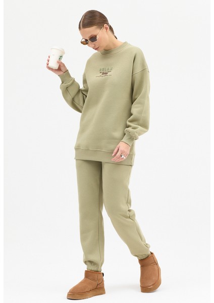 Kadın Relax Baskılı Bisiklet Yaka Içi Pamuklı Oversize Eşofman Takımı
