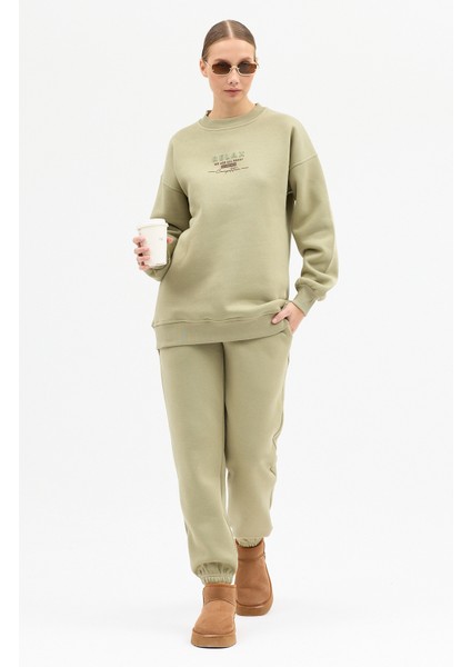 Kadın Relax Baskılı Bisiklet Yaka Içi Pamuklı Oversize Eşofman Takımı modelleri