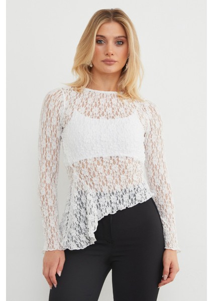 Bisiklet Yaka Likralı Asimetrik Dantel Bluz