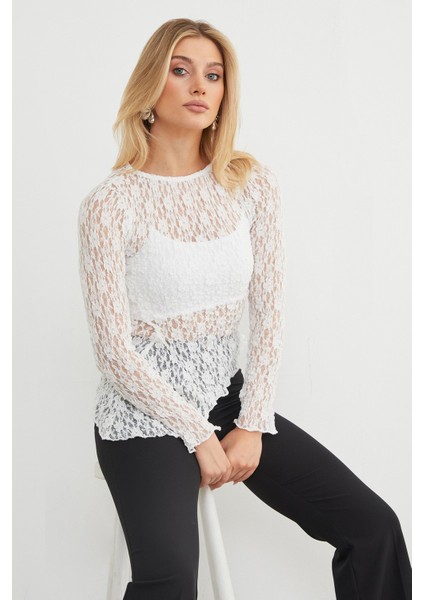 Bisiklet Yaka Likralı Asimetrik Dantel Bluz fiyatları