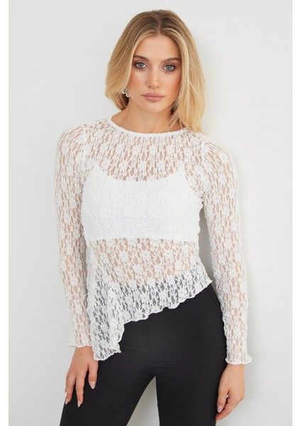 Bisiklet Yaka Likralı Asimetrik Dantel Bluz
