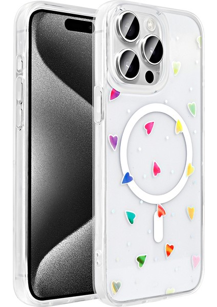 iPhone 15 Pro Max Kılıf M-Safe Şarj Özellikli Şeffaf Zore Folk Sert Kapak - Kalp