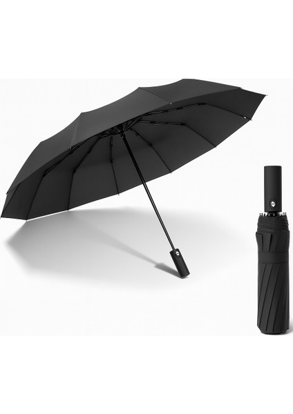 Rüzgarda Ters Dönebilen Kırılmayan 10 Tell Tam Otomatik Siyah Şemsiye Premium Black 106 cm Çap