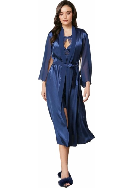 Saten Dantelli Gecelik ve Sabahlık Takımı 4375 Lacivert