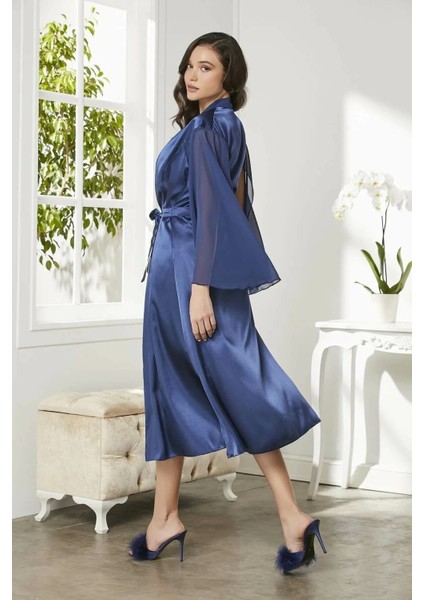 Saten Dantelli Gecelik ve Sabahlık Takımı 4375 Lacivert fiyatları