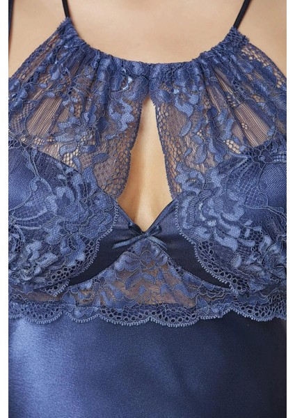 Saten Dantelli Gecelik ve Sabahlık Takımı 4375 Lacivert fırsatları