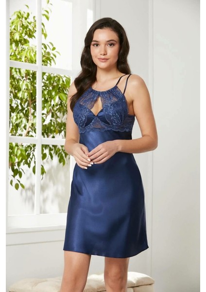 Saten Dantelli Gecelik ve Sabahlık Takımı 4375 Lacivert indirimleri