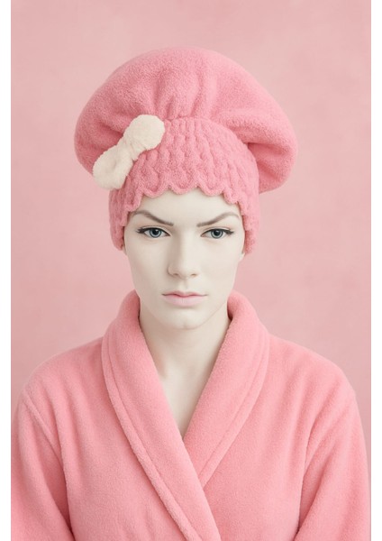 Saç Kurulama Banyo Duş Bonesi – %100 Pamuk , Fiyonklu Pembe