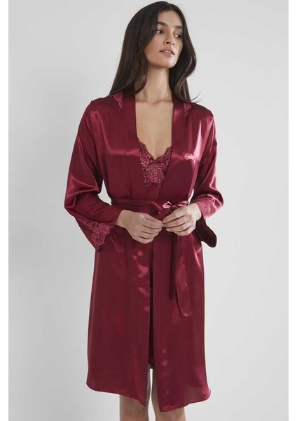Sütyen Kaplı Sabahlık Gecelik Set 4050 Bordo