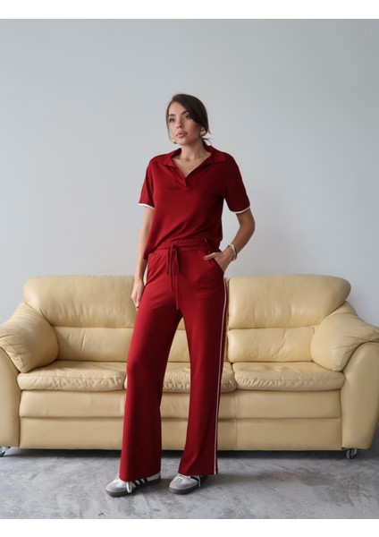 Kadın Maribel Pamuklu Modal Kumaş Polo Yaka Bluz-Pantolon Ikili Alt-Üst Takım, 4 Mevsim Günlük Takım