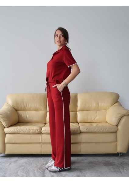 Kadın Maribel Pamuklu Modal Kumaş Polo Yaka Bluz-Pantolon Ikili Alt-Üst Takım, 4 Mevsim Günlük Takım modelleri