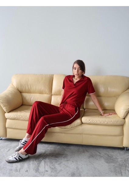 Kadın Maribel Pamuklu Modal Kumaş Polo Yaka Bluz-Pantolon Ikili Alt-Üst Takım, 4 Mevsim Günlük Takım indirimleri