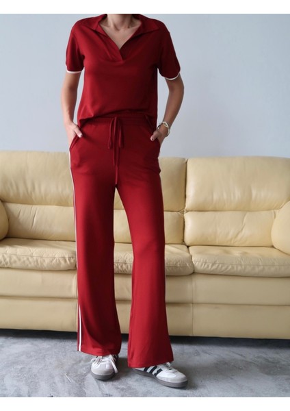 Kadın Maribel Pamuklu Modal Kumaş Polo Yaka Bluz-Pantolon Ikili Alt-Üst Takım, 4 Mevsim Günlük Takım