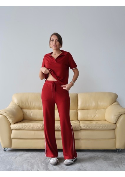 Kadın Maribel Pamuklu Modal Kumaş Polo Yaka Bluz-Pantolon Ikili Alt-Üst Takım, 4 Mevsim Günlük Takım