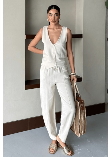 Kadın Calliope Keten Takım, Yelekli Pantolonlu Alt Üst Takım, Kadın Yazlık Takım