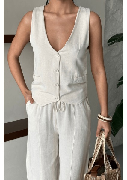 Kadın Calliope Keten Takım, Yelekli Pantolonlu Alt Üst Takım, Kadın Yazlık Takım fırsatları