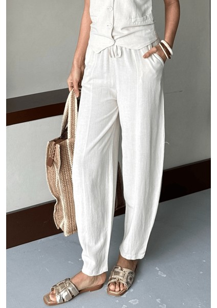 Kadın Calliope Keten Takım, Yelekli Pantolonlu Alt Üst Takım, Kadın Yazlık Takım