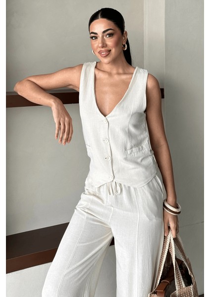 Kadın Calliope Keten Takım, Yelekli Pantolonlu Alt Üst Takım, Kadın Yazlık Takım