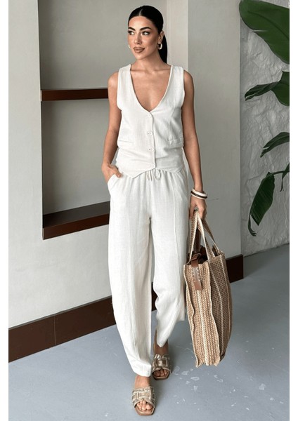 Kadın Calliope Keten Takım, Yelekli Pantolonlu Alt Üst Takım, Kadın Yazlık Takım