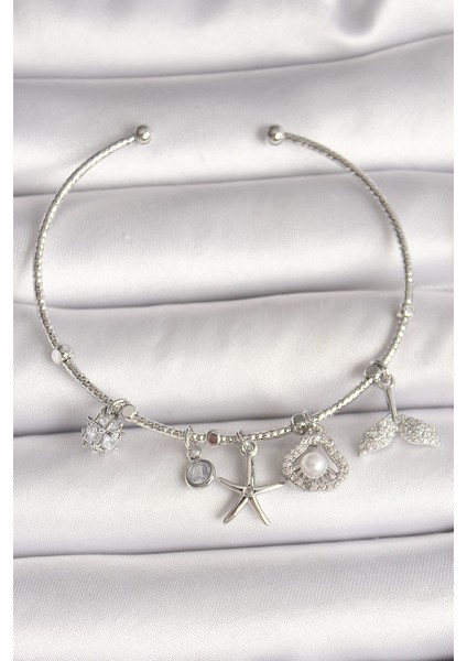 Pirinç Gümüş Renk Sallantı Zirkon Taşlı Deniz Yıldız Figür Balık Kuyruğu Detay Charm Kadın Bileklik - Lisinya