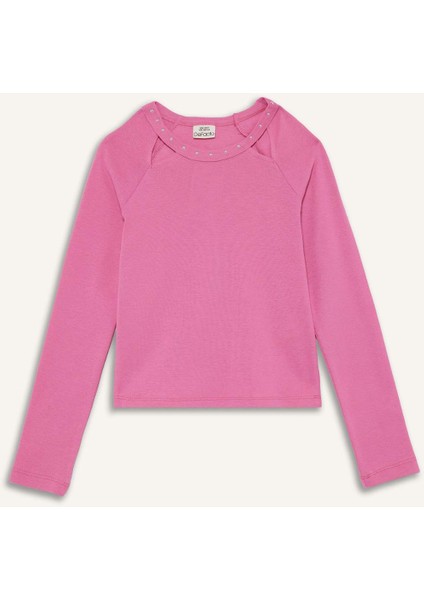 Kız Çocuk Slim Fit Dar Kesim Taşlı Yaka Fitilli Kaşkorse Uzun Kollu Tişört G2550A825AU