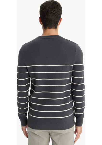 Standart Fit Bisiklet Yaka Çizgili Triko Kazak F7193AX25WN